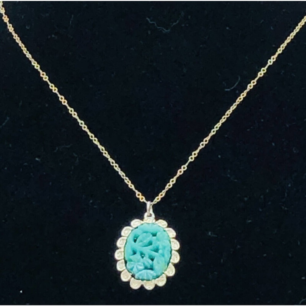 Vintage Signed EMMONS Faux Green Jade Necklace Gold Tone Long Chain